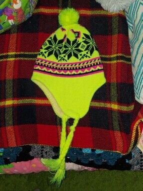Fluorescent / neon yellow pompom knit ear hat with braided tassles